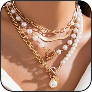 Gold Layered Chunky Necklace Set for Women Paperclip Pearl Herringbone Chain